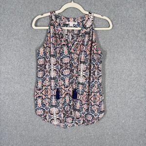 C&E‎ Tank Top XS Navy Orange Flowy Blouse Medallion Paisley Resort Cruise Boho